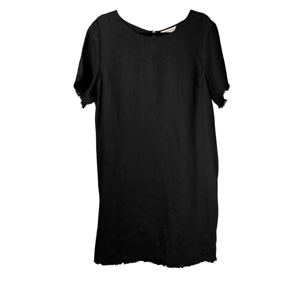 Tommy Bahama Black 100% Linen Dress Short Sleeve Fringe Raw Hem XL Resort Wear